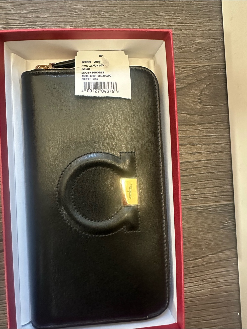 Salvatore Ferragamo Black Leather Zip Phone Wallet with Gold Logo Plaque